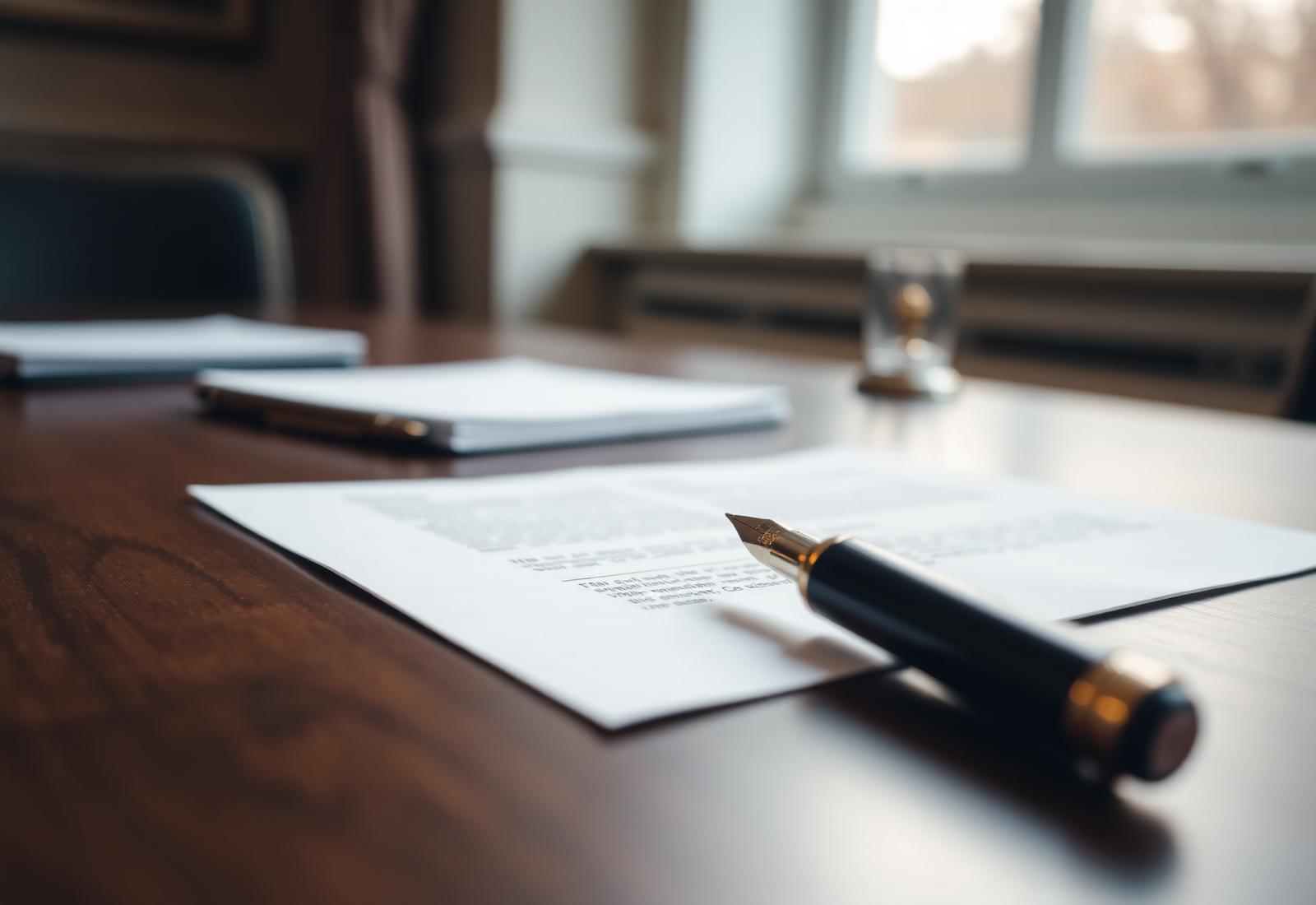 Fountain pen resting on a document at an elegant signing desk